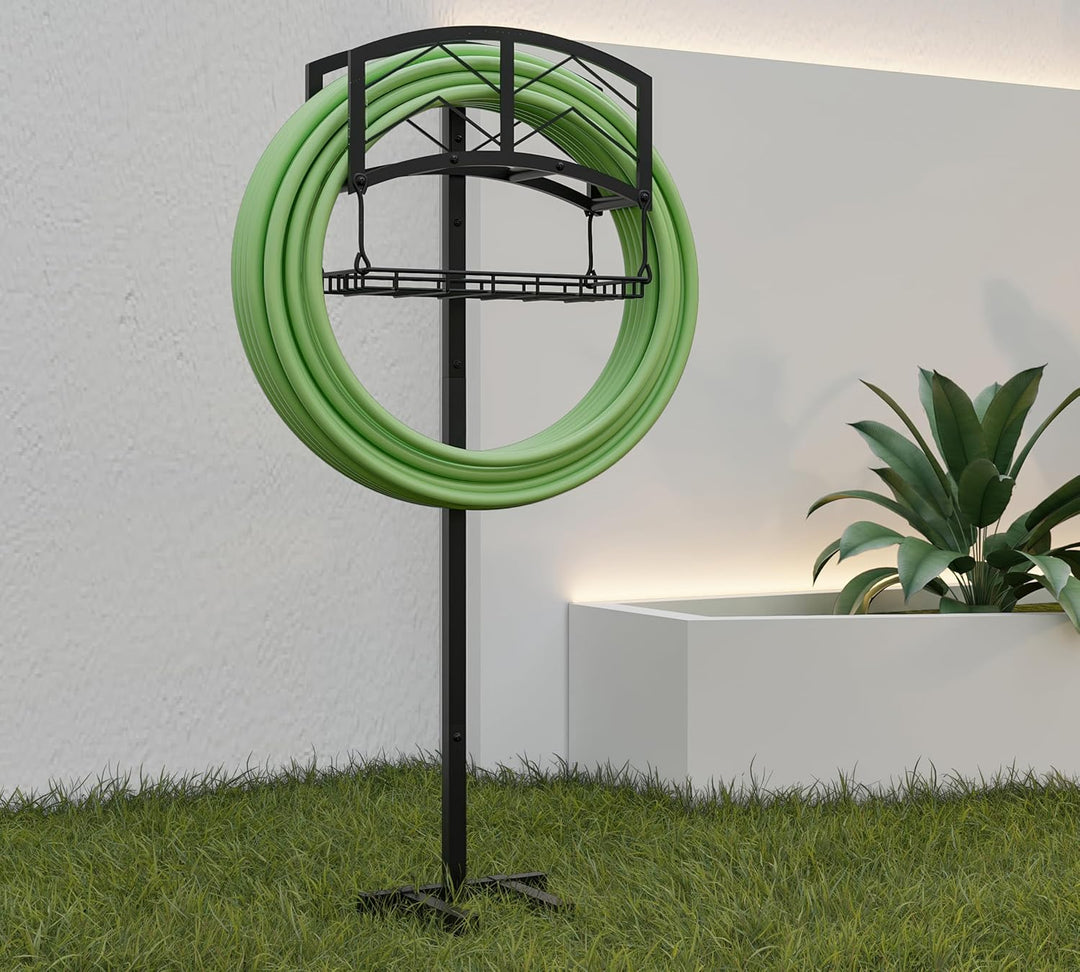 Kingson Tragbarer Gartenschlauchhalter mit Aufbewahrungskorb, robuste schwarze Stahlkonstruktion, hä