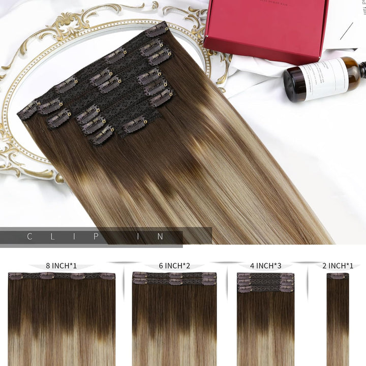 Moresoo Echthaar Extensions Clip Braun Clip in Extensions Echthaar Remy Ombre Haarverlängerung Echth