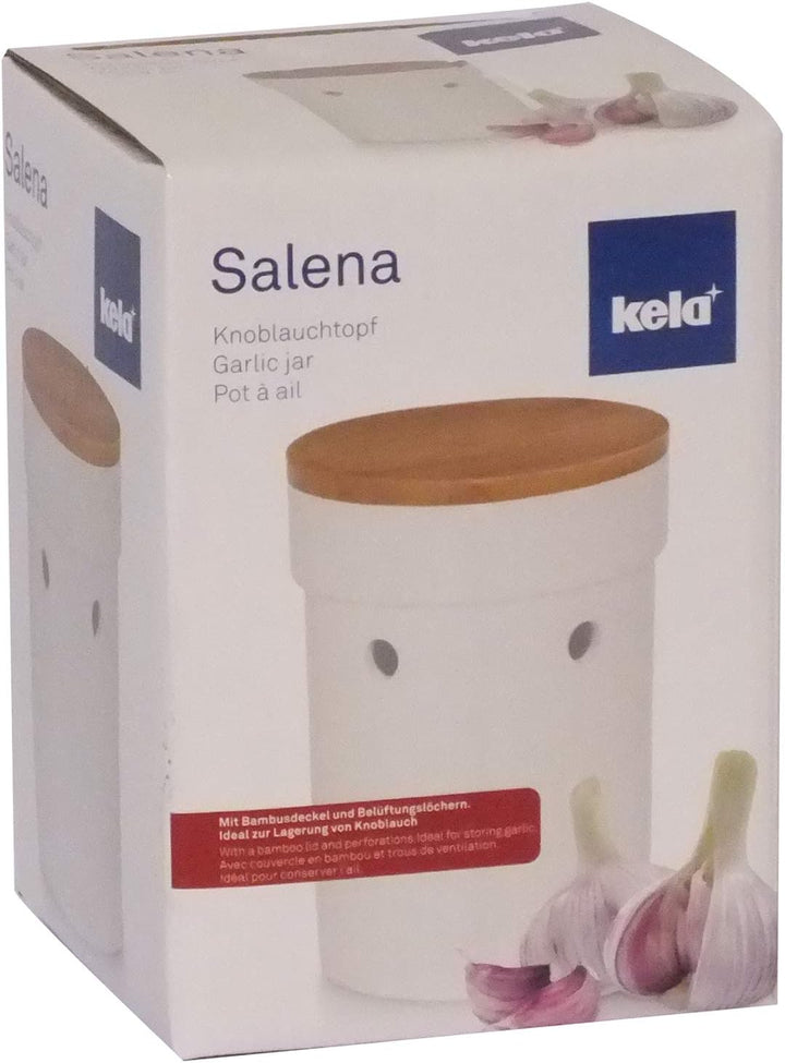 kela Knoblauchtopf Salena, Durchmesser 12 cm, Keramik, weiss, rund, abnehmbarer Bambusdeckel, seitli