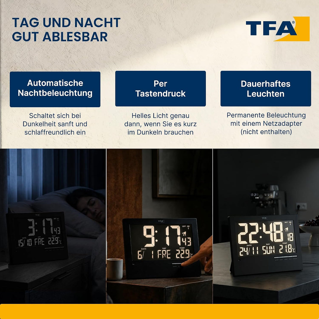 TFA Dostmann Digitale Funkuhr mit automatischer Hintergrundbeleuchtung, mit Innentemperatur, Datum,