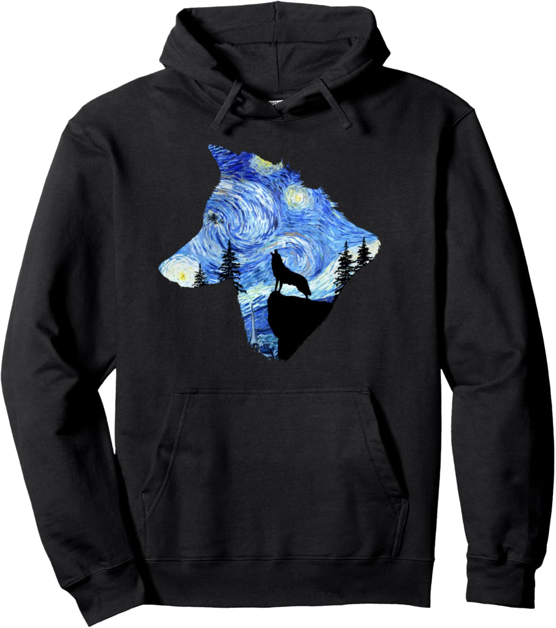 Starry Night Wolf Pullover Hoodie