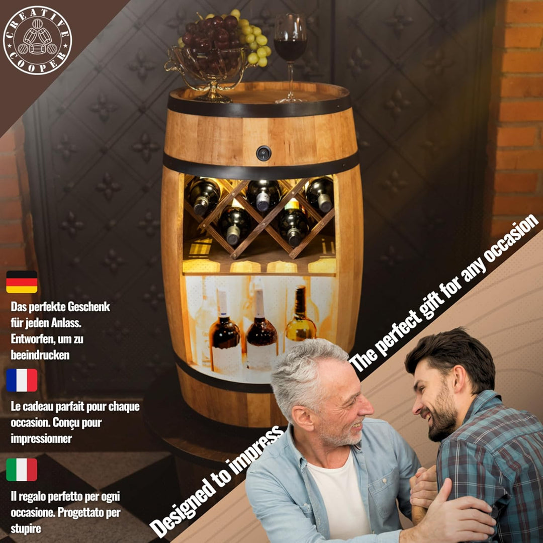 CREATIVE COOPER Fass bar mit Weinhalter - Weinregal LED- Holzfass Hausbar 80x50cm - Rustikaler deko