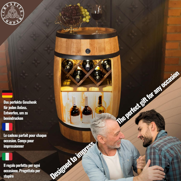 CREATIVE COOPER Fass bar mit Weinhalter - Weinregal LED- Holzfass Hausbar 80x50cm - Rustikaler deko