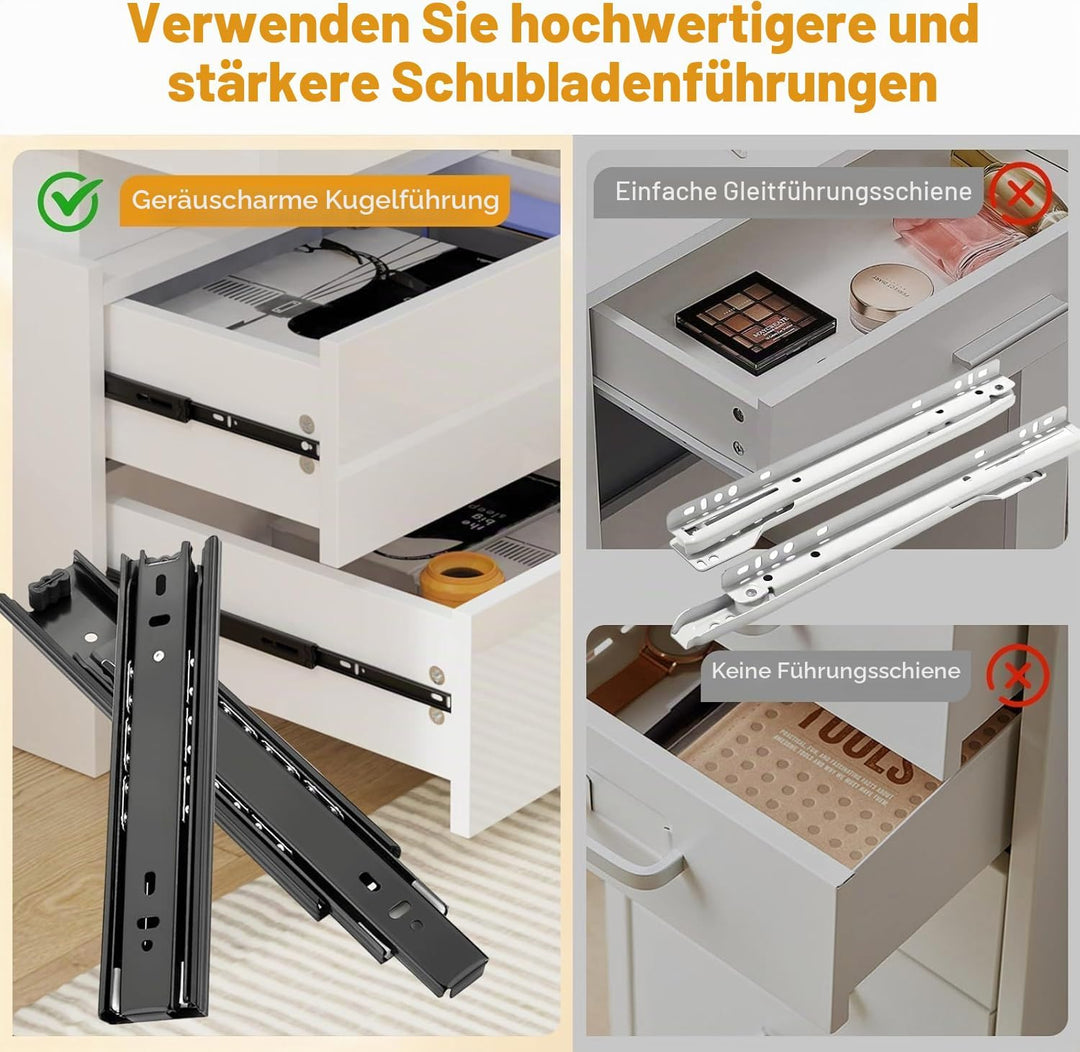 PIPIPOXER Nachttisch Weiss mit LED, Hochglanz Nachtschrank mit 3 Schubladen und Versteckte Obere Sch