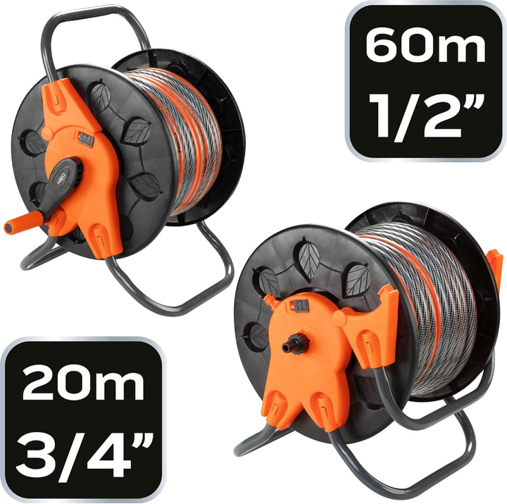 NEO TOOLS Schlauchtrommel bis 60 m Gartenschlauch (1/2") - Schwarz/Orange Schlauchhalter aus Hochwer