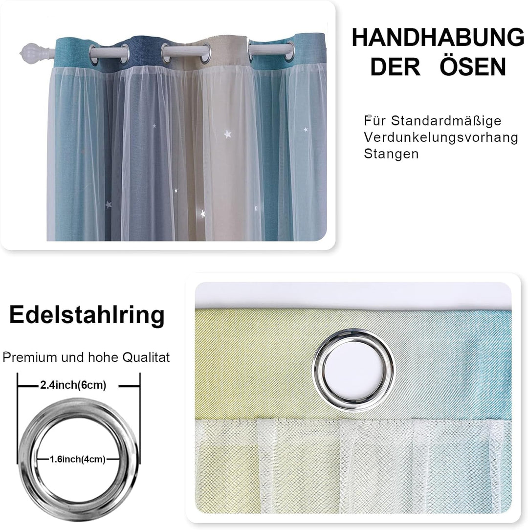 Freyamy Gardinen Blau Beige Weiss Glänzend Sterne Vorhänge Blickdicht Kinderzimmer Halbtransparent H