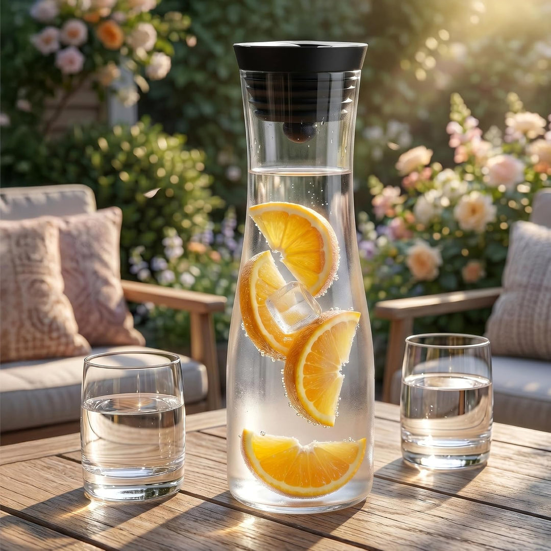 Arendo - Wasserkaraffe mit Deckel 1700 ml, Glaskaraffe mit Deckel und integriertem Grobfilter aus Ed