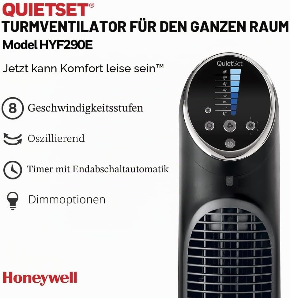 Honeywell QuietSet Tower (8 Geschwindigkeitseinstellungen, Oszillation 80°, Timer-Funktion, Fernbedi