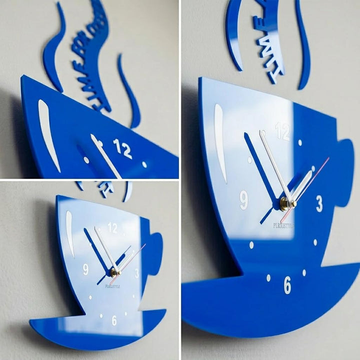 FLEXISTYLE Tasse Time for Coffee (Zeit für Kaffee) Moderne Küche Wanduhr blau, 3D römisch, wanduhr d