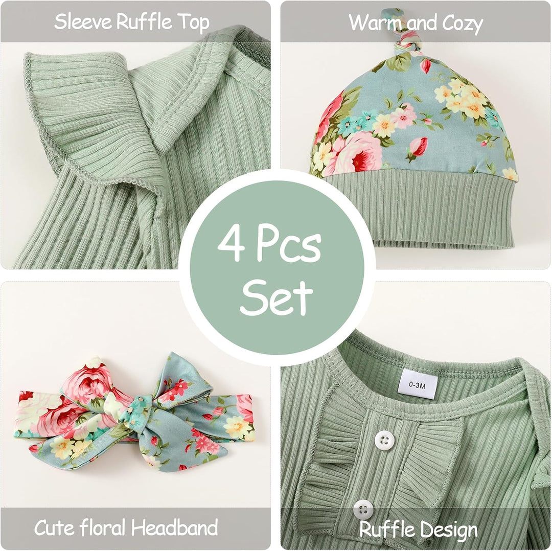 Neugeborenes Baby Mädchen Kleidung Kleinkind gerippt Ruffle lange Ärmel Strampler+ Floral Hosen+ Sti