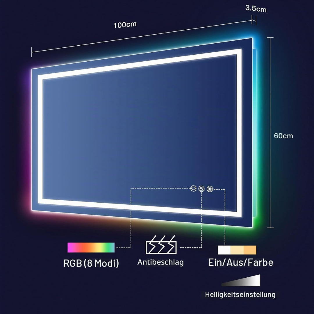 Dripex Badspiegel mit Beleuchtung Led Spiegel mit RGB LED Streifen, Farbwechsel, Touch-Schalter, Dim
