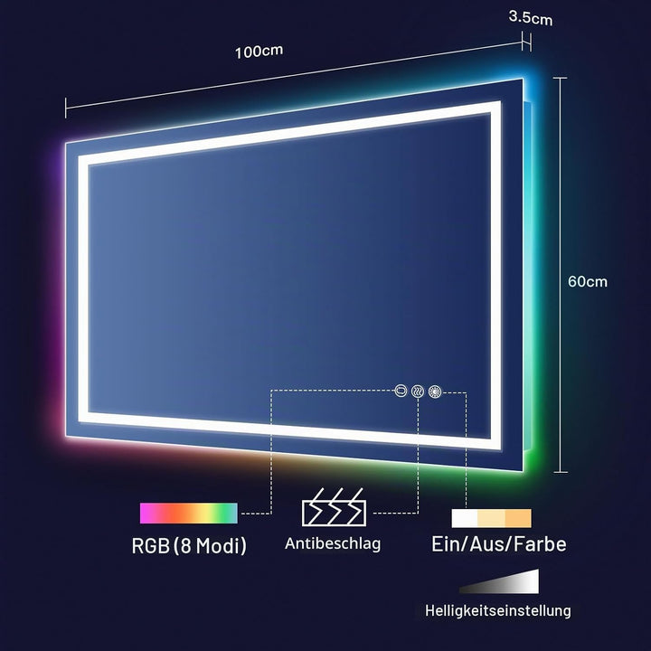 Dripex Badspiegel mit Beleuchtung Led Spiegel mit RGB LED Streifen, Farbwechsel, Touch-Schalter, Dim