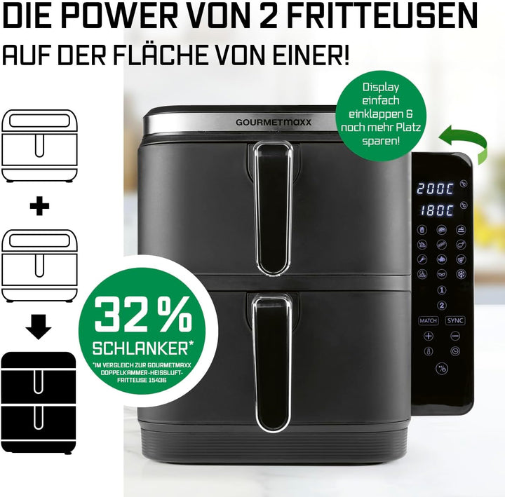 GOURMETmaxx FryUp Vertikale Doppelkammer Heissluftfritteuse | Airfryer 10 Liter | 4 Speisen auf 4 Eb