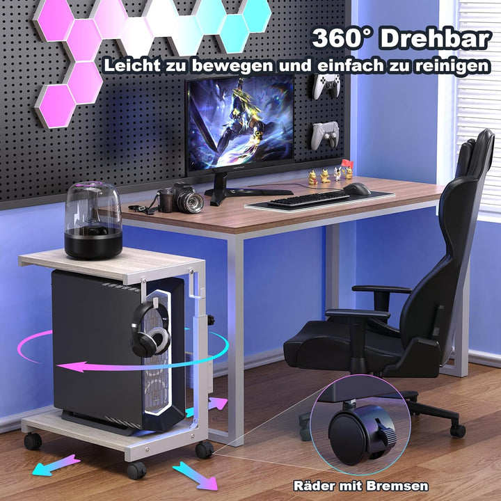 Höhenverstellbarer PC Ständer mit Rollen, 2 Haken, 2-stufig | Computer Tower Ständer, Druckerständer