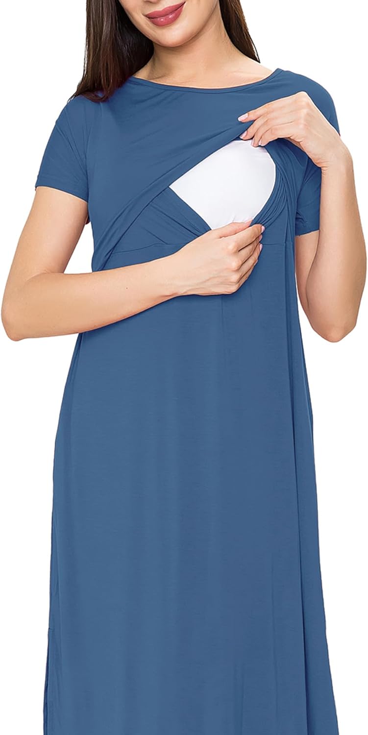 Smallshow Damen Lang Split Stillkleid Kurzarm Umstandskleid Sommer L Grau Blau, L Grau Blau