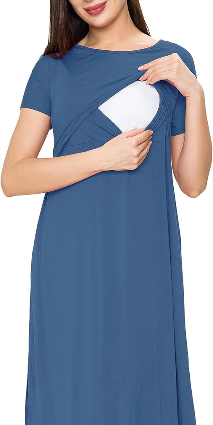 Smallshow Damen Lang Split Stillkleid Kurzarm Umstandskleid Sommer L Grau Blau, L Grau Blau