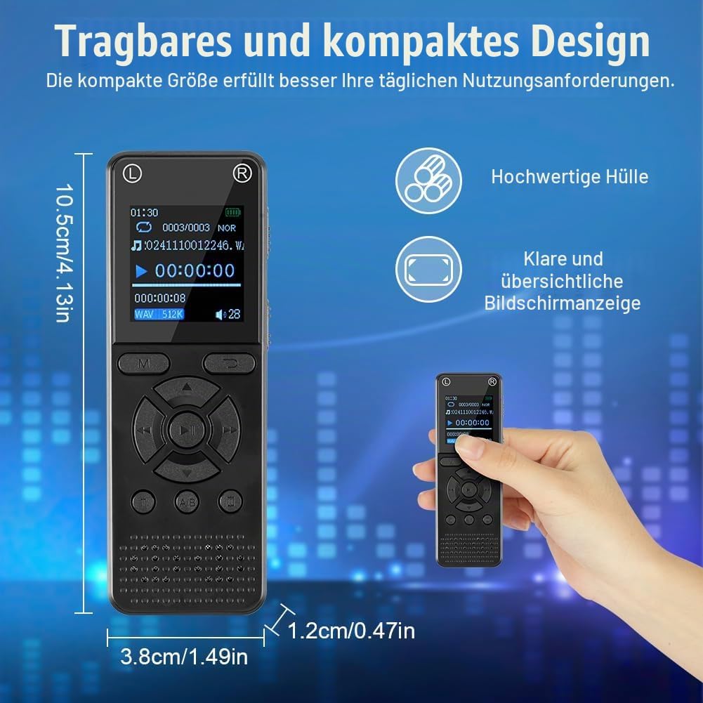 OFFCUP 64GB Diktiergerät, Digitales Diktiergerät mit Rauschunterdrückung, 1536kbps hohe Aufnahmegerä