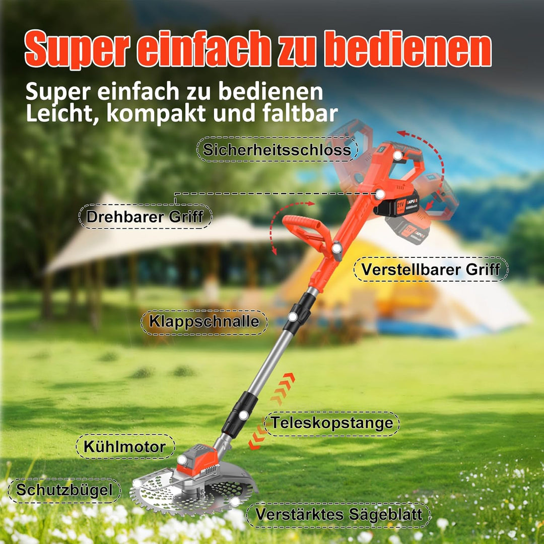 21V Rasentrimmer mit Akku, 3 in 1 Rasenkantenschneider mit Unkrautbürste, Faltbar Elektrischer Motor