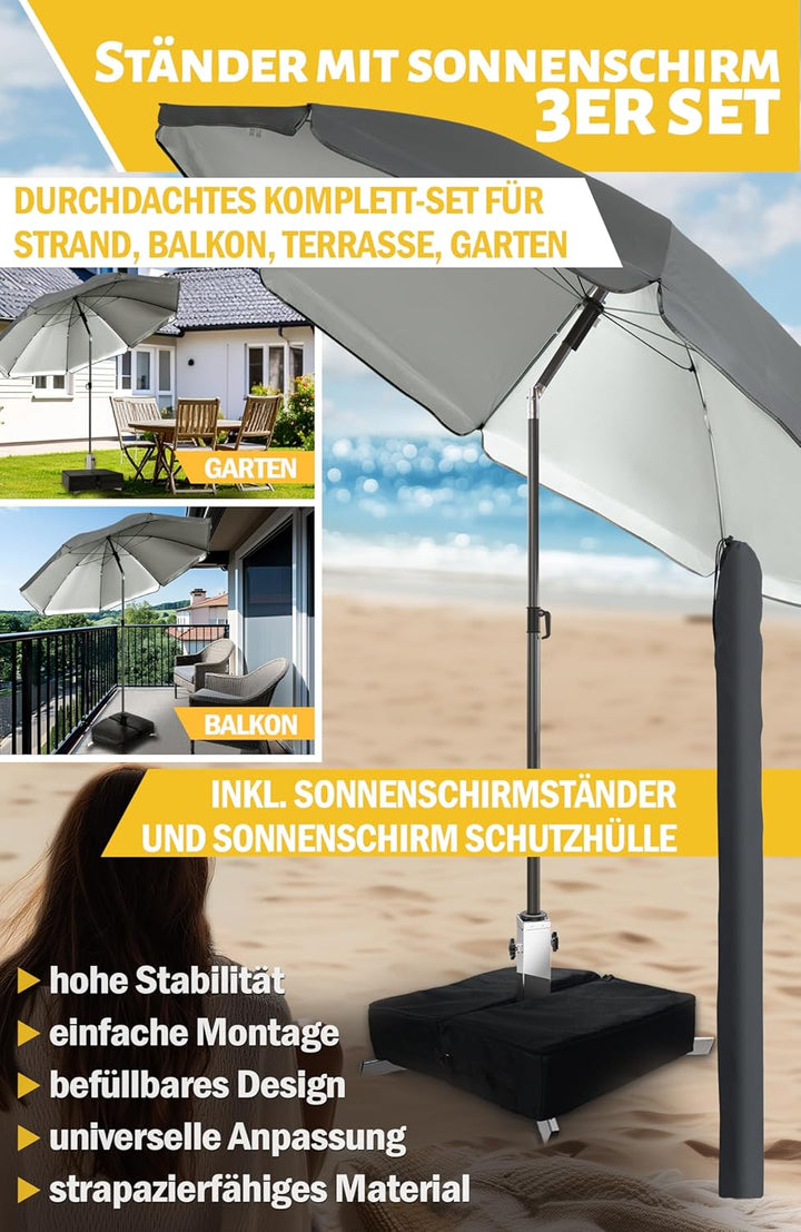 4smile Sonnenschirm mit Ständer im 3er-Set, Anthrazit - Ø 180cm Sonnenschirm Strand, inkl. Schirmhül