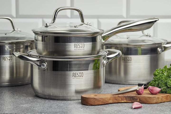 RESTO Kochtopf 1l, Bratentopf 16 cm– Saucepan Stielkasserolle aus Edelstahl mit hitzebeständigem Gla