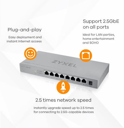 Zyxel 2,5G Multi-Gigabit Unmanaged Switch mit acht Ports für Home Entertainment oder SOHO-Netzwerke