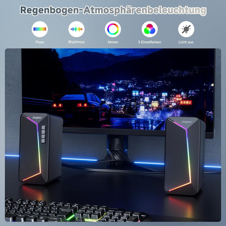 SOULION R40 PC Lautsprecher, USB-C/USB-betriebene Computer Stereo mit Lautstärkeregler, LED-Beleucht