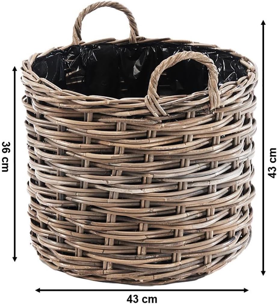 Kobolo Pflanzkorb KERT 43x43x43 cm, rund, Grauer Rattankorb mit Folie & Griffen, dekorativer Übertop