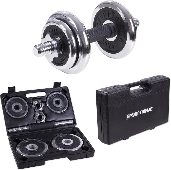 Sport-Thieme Hantel-Set, 10 kg inkl. Koffer | Gummierter Griff | Sehr robust | 4 Chrom-Hantelscheibe