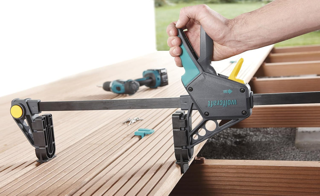 wolfcraft Montagezwinge 6985000 – Zwinge für den Terrassenbau – Distanzhalter für den Bau einer Holz