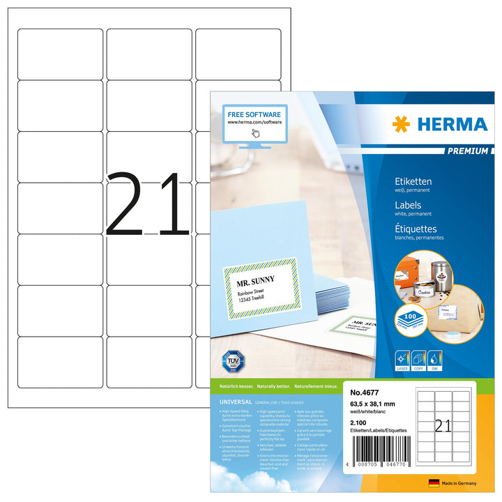 HERMA 4677 Adressetiketten, 100 Blatt, 63,5 x 38,1 mm, 21 Stück pro A4 Bogen, 2100 Aufkleber, selbst