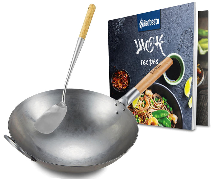CLP Wok-Set aus Karbonstahl I Flacher oder runder Boden für Gas, Induktion und Grill I Wokpfanne mit