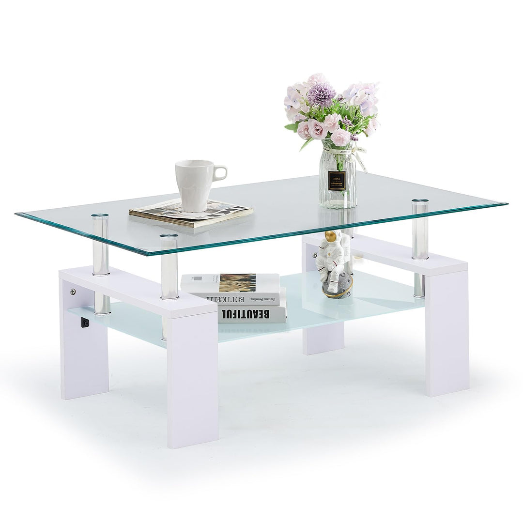 TUKAILAI Couchtisch Glas modern, Rechteckiger Wohnzimmertisch Beistelltisch mit unterer Ablage, Kaff