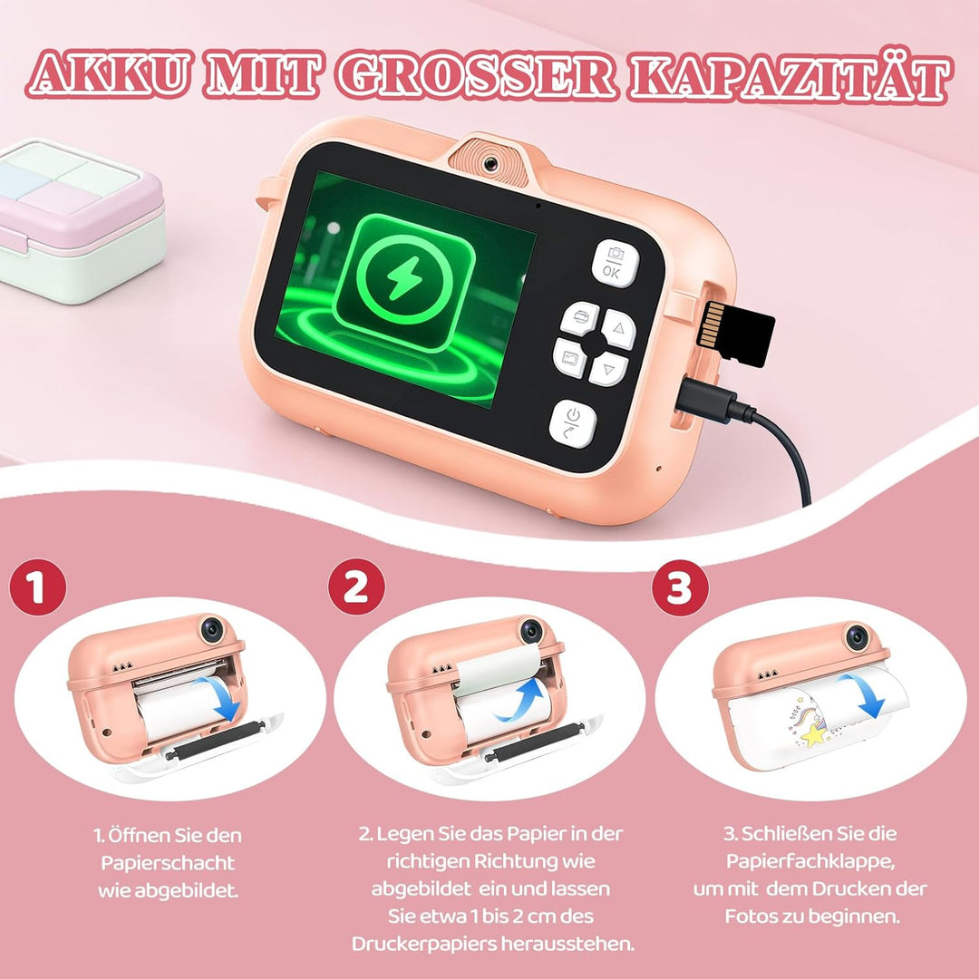 Kinderkamera Sofortbildkamera, 48MP Digitalkamera Kinder mit Dual-Kamera, mit Druckpapier & 32G TF K