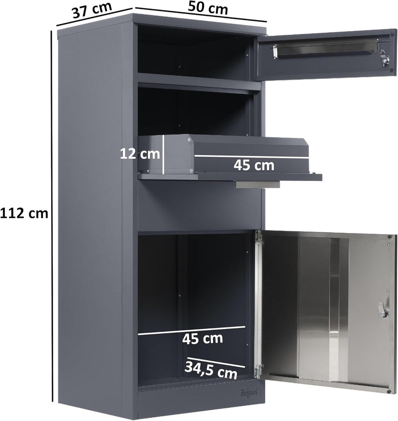 Zelsius Paketbriefkasten | RAL7016 Anthrazit | verzinkter pulverbeschichteter Stahl mit Edelstahl El