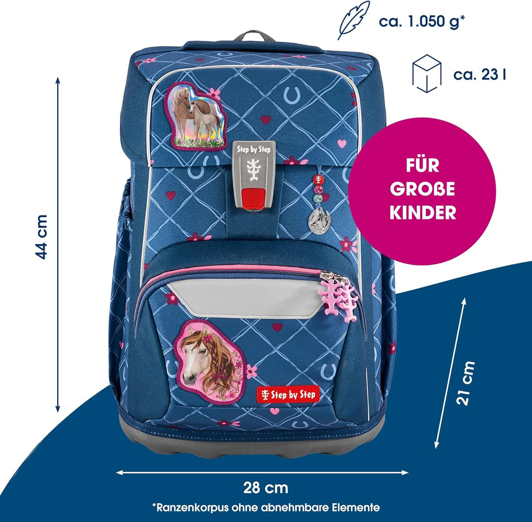 Step by Step Giant Schulranzen-Set „Horse Lima“, 5-teilig, blau, ergonomischer Tornister mit Reflekt