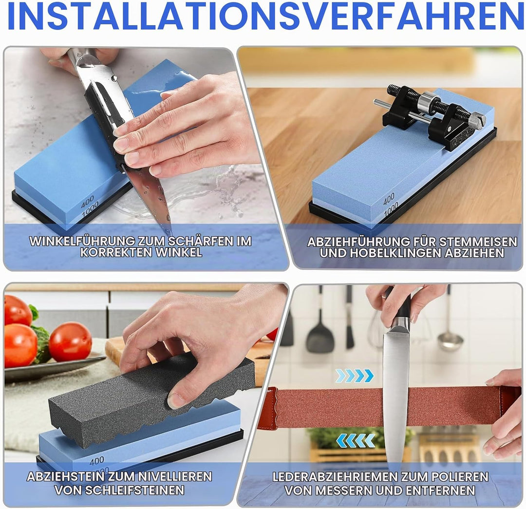 Schleifstein Set - Messerschärfer Abziehstein 400/1000 3000/8000 mit Anti-Rutsch-Boden und Schnittfe