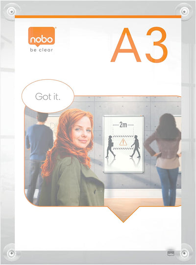 Nobo A3 Posterrahmen aus Acryl mit Wandhalterung, rahmenlos, Hoch-/Querformat, Befestigung mit Saugn