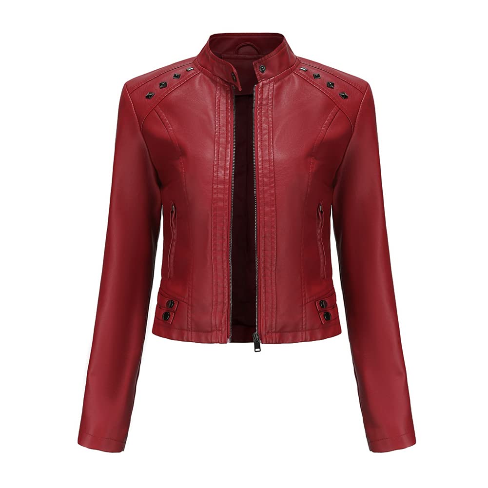 YYNUDA Damen Lederjacke Kurz Bikerjacke Stehkragen Reissverschluss Leder Jacke Übergangsjacke für He