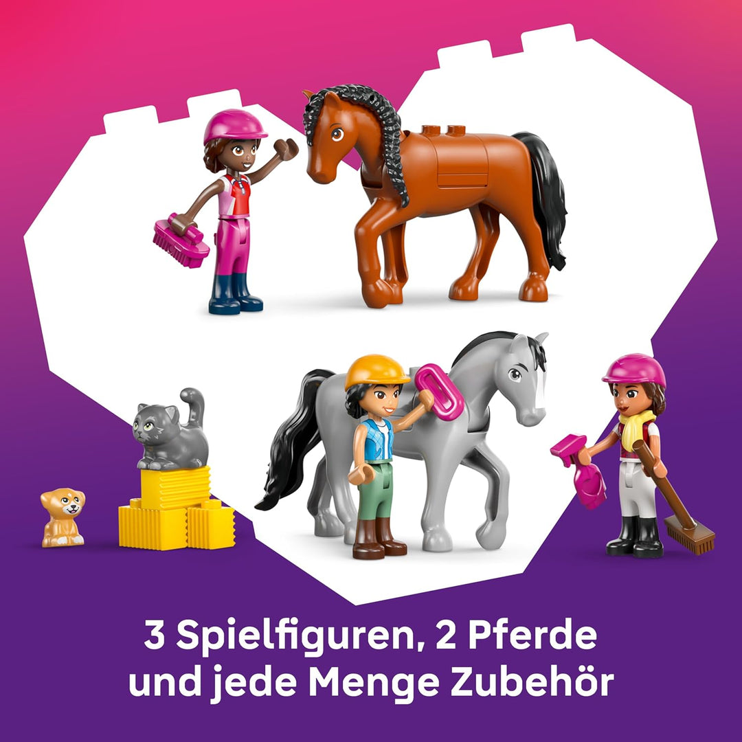 LEGO Friends Pferdestall und Reitschule - Lern-Spielset mit 3 Mini Puppen, 2 Pferdefiguren, einem Hu