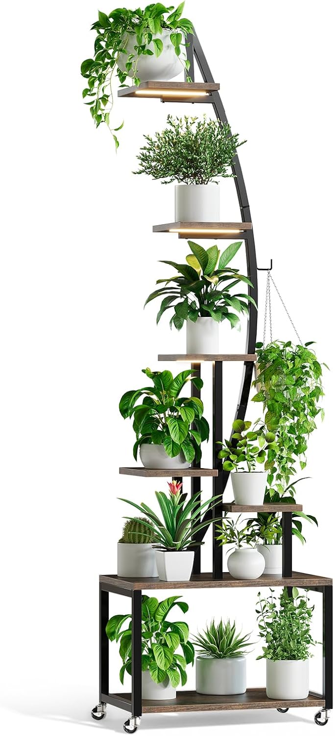 HAUSPROFI Pflanzenständer mit LED-Wachstumslicht (Warmweiss), Blumenständer 7 Ebenen 165cm, Pflanzen