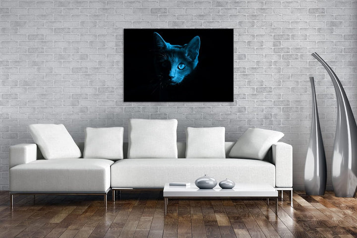deyoli Dark Schwarze Katze Format 80x60 Effekt: Monocrome Blau als Leinwandbild, Motiv fertig gerahm
