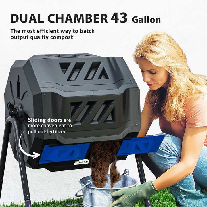 Outsunny Komposteimer für den Aussenbereich, 160 l, Doppelkammer, 360° drehbarer Komposter, Gartenko