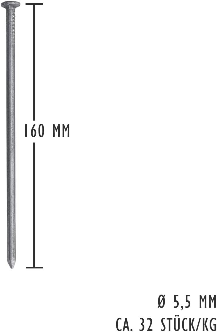 Drahtstifte blank, 5 kg, 5,5 x 160 mm, Bau- und Tischlerstifte, universell einsetzbare Drahtnägel, N