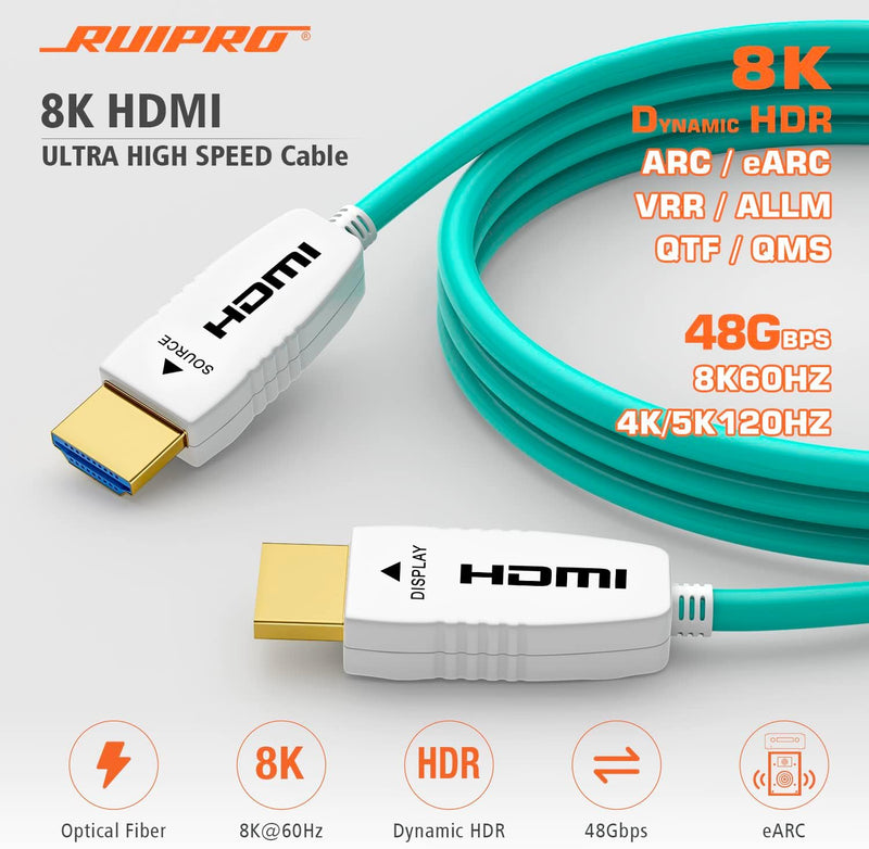 RUIPRO 8K HDMI Glasfaserkabel 15M, Optisches HDMI 2.1 48Gbps 8K@60Hz 4K@120Hz Dynamic HDR eARC Dolby