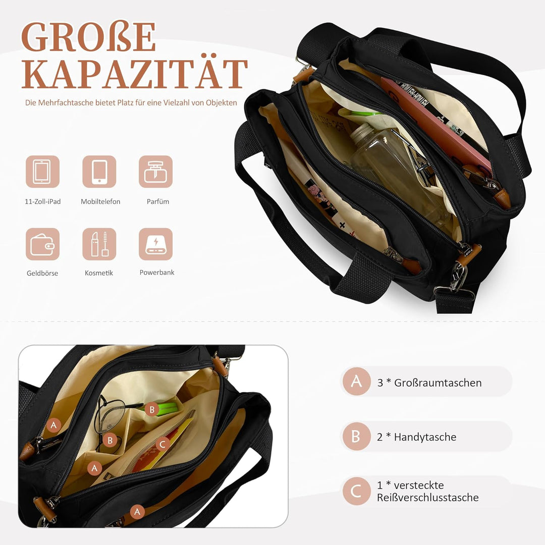 DIRRONA Handtasche Damen – Nylon Umhängetasche mit Verstellbaren Schultergurten, Grosse Tasche mit M