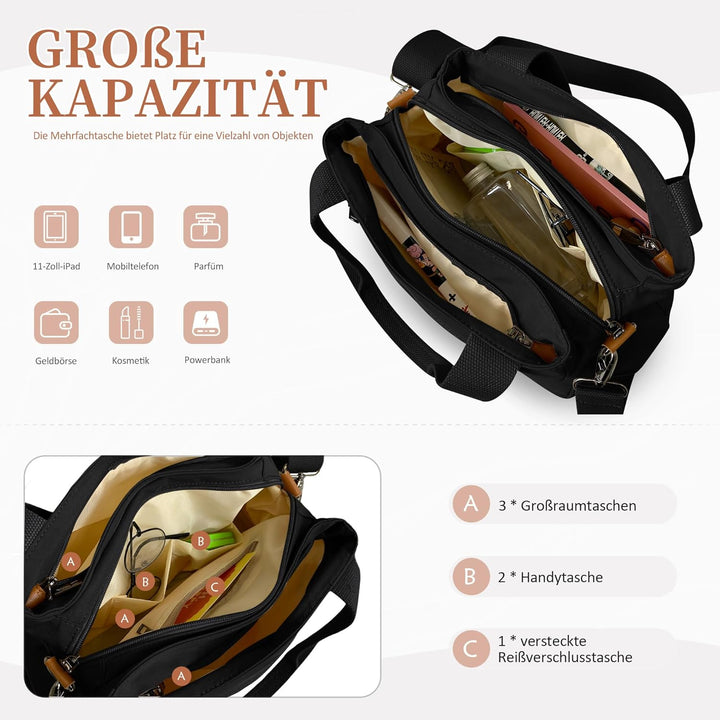 DIRRONA Handtasche Damen – Nylon Umhängetasche mit Verstellbaren Schultergurten, Grosse Tasche mit M