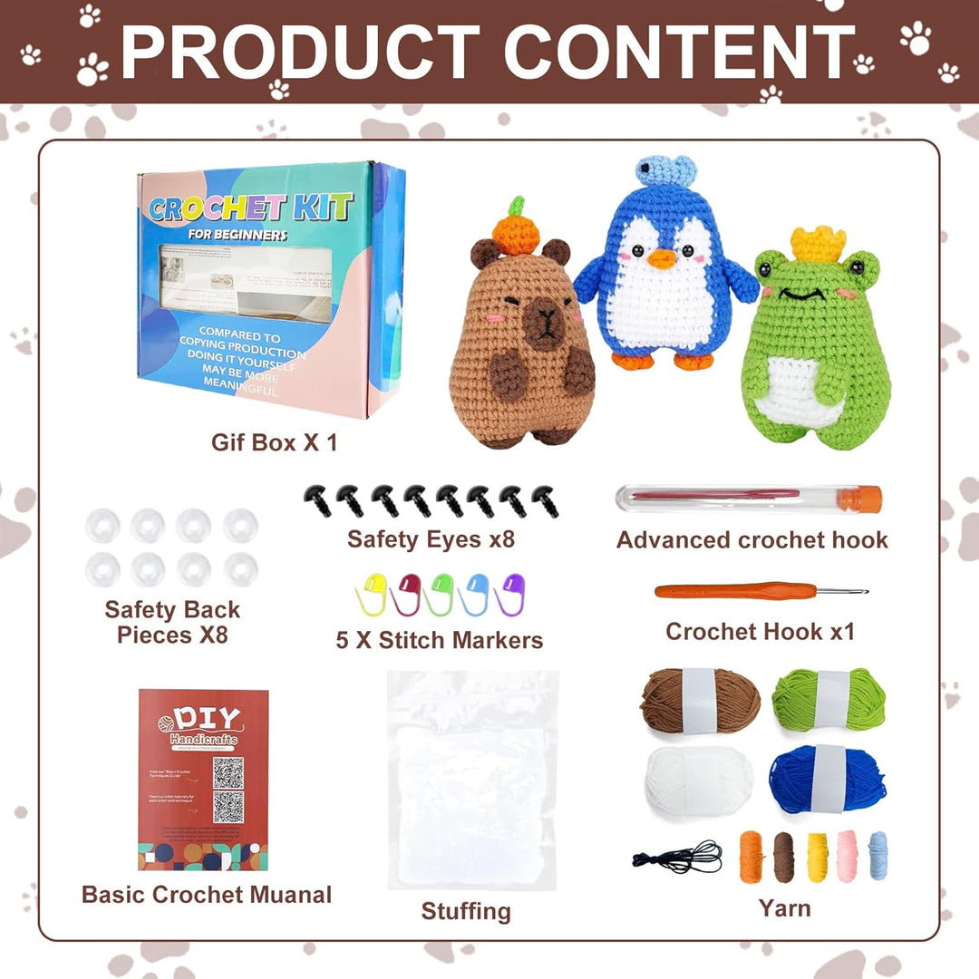 YushengTai Häkelset für Anfänger Capybara, Frosch, Pinguin - Komplettset mit Garn, Häkelnadel & Vide