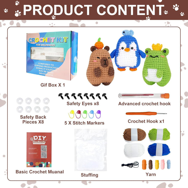 YushengTai Häkelset für Anfänger Capybara, Frosch, Pinguin - Komplettset mit Garn, Häkelnadel & Vide