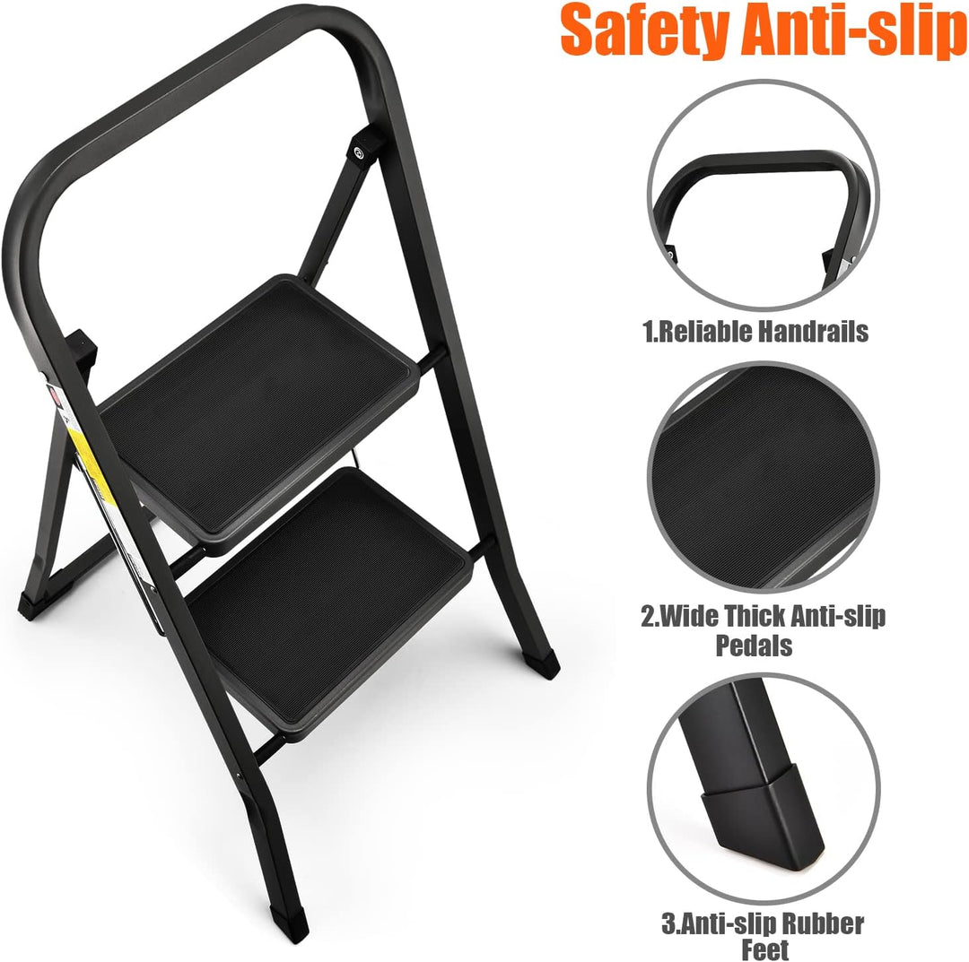 HBTower 2-Stufen-Leiter, Tritthocker mit Anti-Rutsch-Pedal, Tragbare Robuste Trittleiter mit Handläu