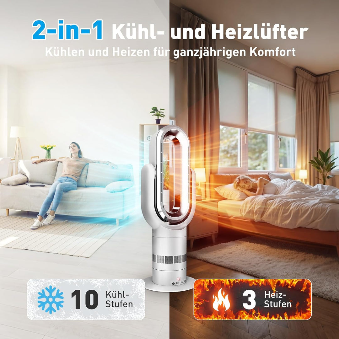 QG660 Bladeless Turmventilator, 2-in-1 Heizgerät & Kühlventilator, 10 Kühl- & 3 Heizstufen, Fernbedi